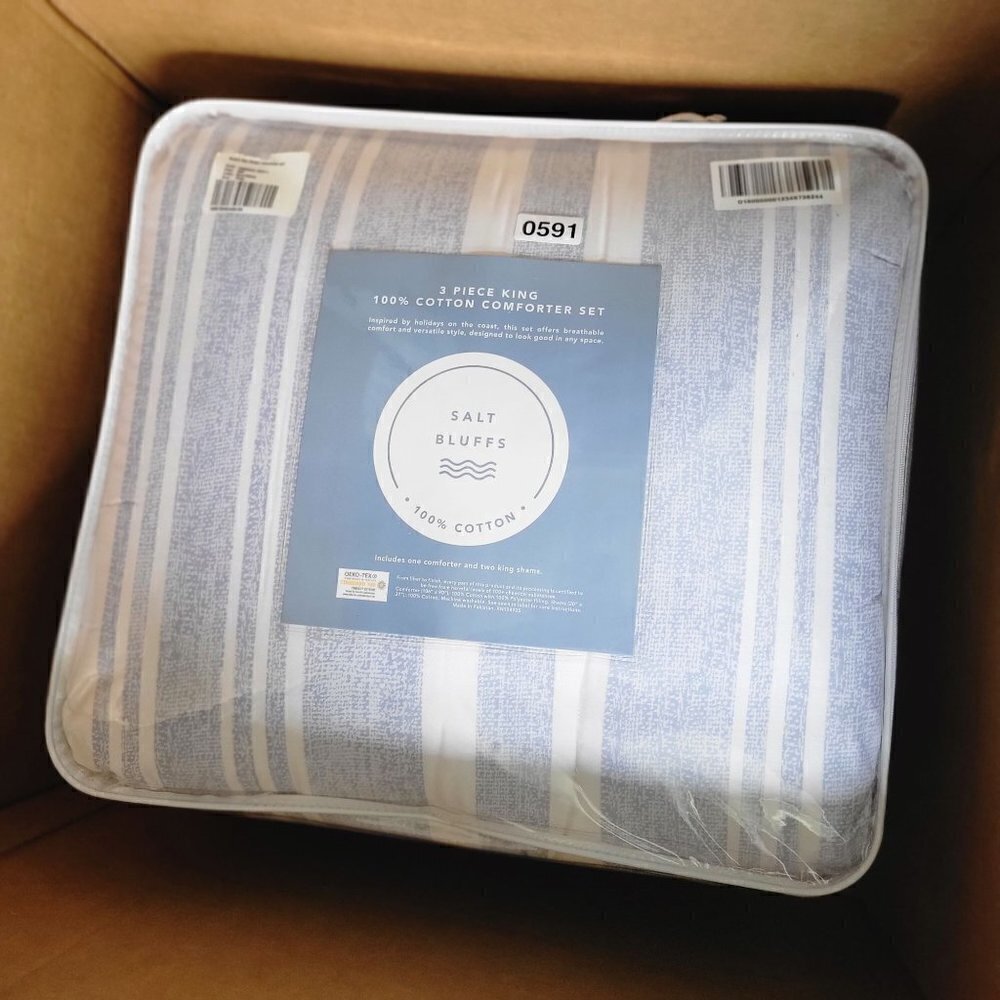 NIB- Beach Coastal Nautical Bay Stripe Comforter 100% Cotton Set Size King - Picture 3 of 5